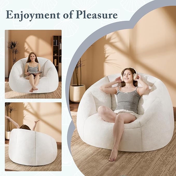 Giant Bean Bag Swivel Chair for Adults - Comfy Plush Round Shell Soft Accent Chaise Lounge Indoor Chair, Oversized Cozy Floor Sofa for Living Room, Bedroom & Game Rooms, Beige