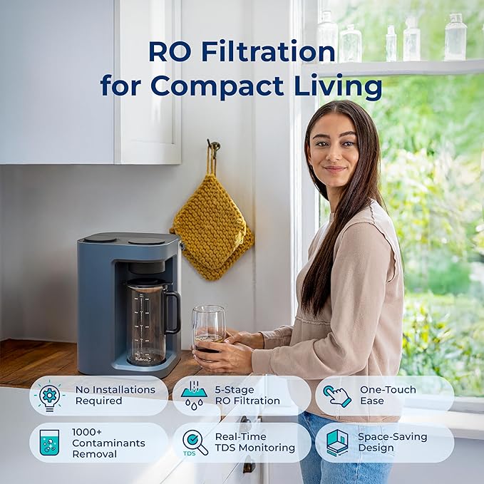 Bluevua RO100ROPOT-LITE Countertop Reverse Osmosis Water Filter System, 5 Stage Purification, 3:1 Pure to Drain, Portable Water Purifier (No Installation Required) (Blue)