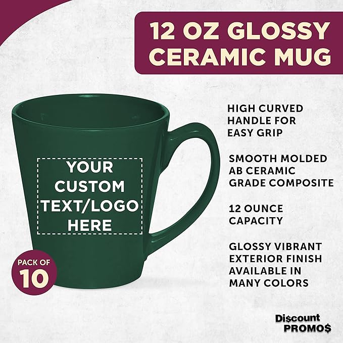 DISCOUNT PROMOS Custom Glossy Ceramic Latte Coffee Mug 12 oz. Set of 10, Personalized Bulk Pack - Perfect for Tea, Espresso, Cappuccino, Hot Cocoa - Green