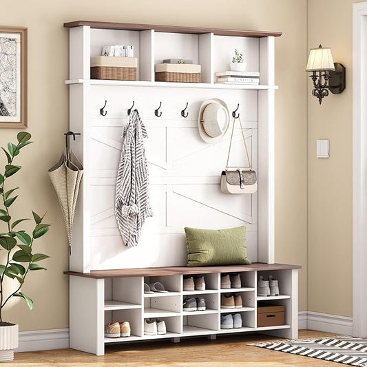 Ball & Cast 4-in-1 Hall Tree with 6 Hooks,Walnut Entryway Bench with Adjustable Shelves,Rustic Shoe Organizer with 16 Open Compartments,for Mudroom,Living Room,Hallway,White