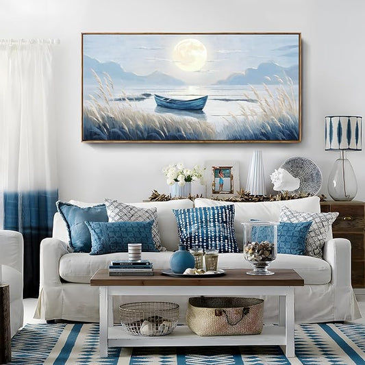 amatop Large Framed Wall Art Bedroom Living Room Decor Blue Boat Moonlight Coastal Seascape Picture Landscape Decorative Canvas Print Tranquil Night Ocean Lake Scene Artwork Nautical Wall Decor 48x24