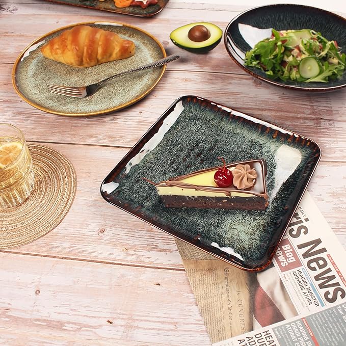 Ceramic Dinner Plates Dish Set, Set of 4, Microwave Oven and Dishwasher Safe, Scratch Resistant, Dinnerware Kitchen Porcelain Serving Dishes 9 inch Square plate
