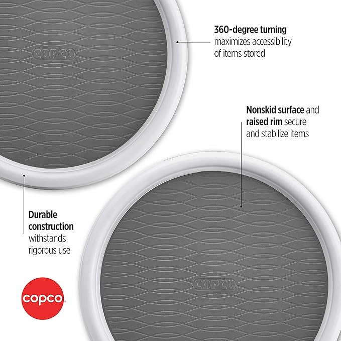 Copco 9 Inch Non Skid Pantry Cabinet Lazy Susan Turntable, Set of 2, Spinning Organizer for Kitchen, Countertop, or Bathroom, White and Gray