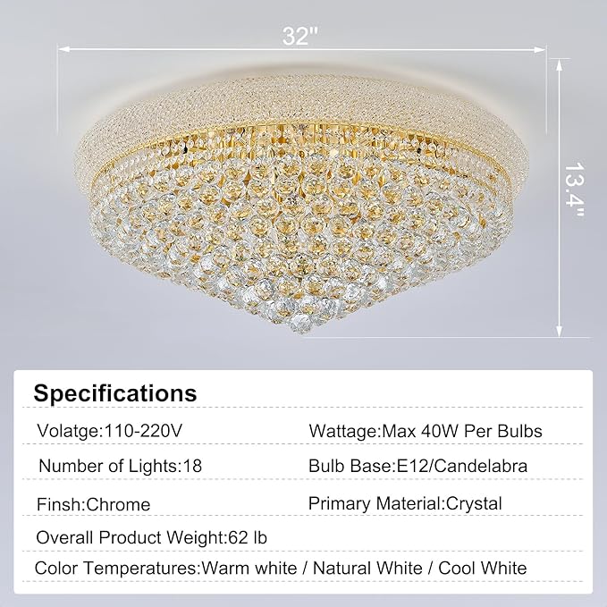 18-Light 32 inch Large Crystal Chandelier Flush Mount Ceiling Light Fixture for Living Room Dining Room Bedroom Foyer Entryway Gold Finish