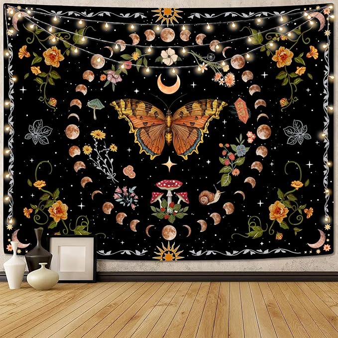 Aipon Orange Butterfly Moon Flower Tapestry Botanical Floral Plant Boho Tapestry for Bedroom Aesthetic Vintage Tapestries Wall Hanging for Living Room Dorm (44.00'' × 60.00'', Orange)
