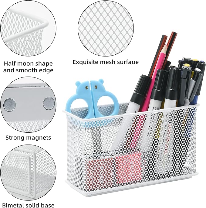 dedoot Magnetic Pencil Holder for refrigerator Storage Magnetic Basket Mesh White Strong Magnetic Pen Holder for Refrigerator,Whiteboard, Locker, Home and Office Organizer, 6.3x2.3x3.6inch