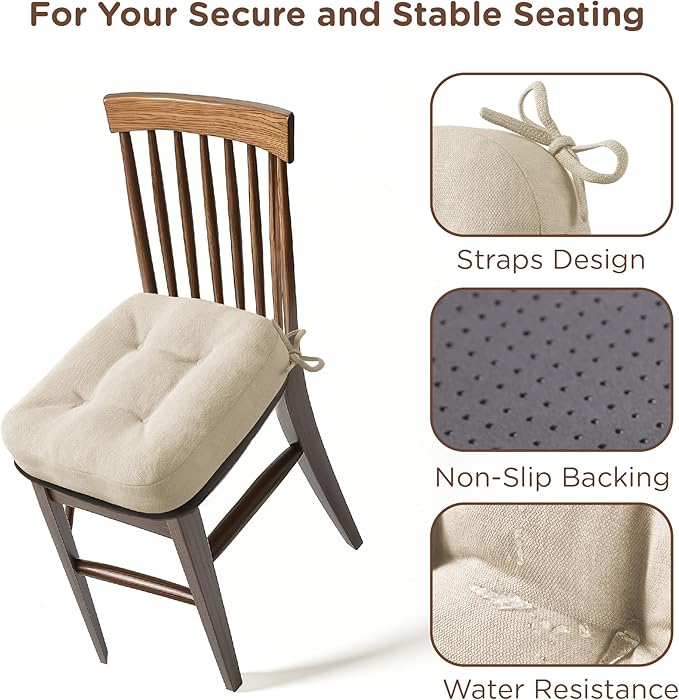 Codi Dining Chair Cushions 2 Pack, Thick Chairs Pads for Indoor Kitchen Room - Washable, Non-Slip Memory Foam Seat Cushion with Ties, 16.5"x16.5"x 3.5", Set of 2, Beige