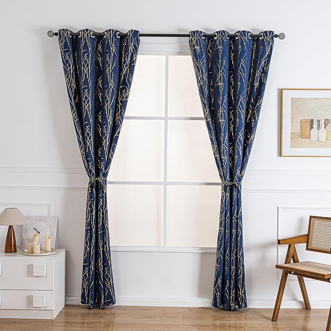 Grommets Blackout Long Window Curtains Navy Blue Gold-52W*108L 2PCS Drapes for Bedroom