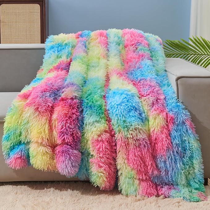 GONAAP Fuzzy Faux Fur Throw Blanket Twin Size Dark Rainbow Super Soft Cozy Plush Fuzzy Shaggy Blanket for Couch Sofa Bed (Dark Rainbow, Twin(60"x80"))