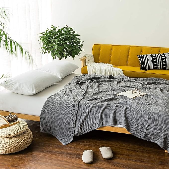 EMME Cotton Throw Blanket for Couch Soft Muslin Blankets 50"x60" Lightweight Breathable Blanket All Season Gauze Blanket, Grey