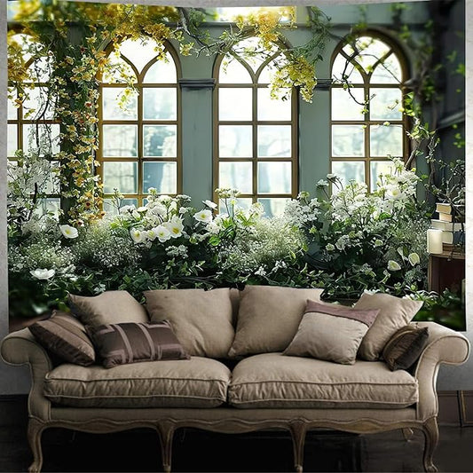 FENDROM Window View White Flower Tapestry Nature Landscape Classic Flower Vine Wall Hanging Party Decorations For Bedroom Living Room Dorm