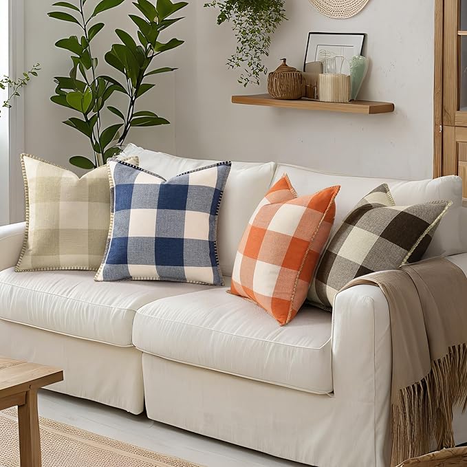 decorUhome Buffalo Plaid Check Fall Throw Pillow Covers 16x16 Set of 2, Outdoor Decorative Farmhouse Pillow Covers with Stitched Edge for Bed Couch Sofa, Cream White and Beige