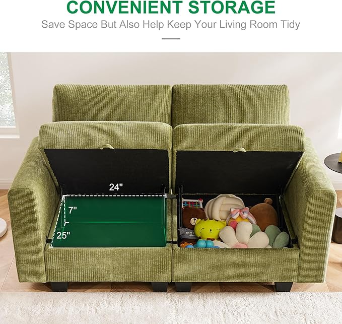 38.5 Oversized Accent Chair with Storage Green Corduroy Set of 2, Single Modern Accent Sofa Chair with Arms for Apartment Living Room (21" Deep Seat)