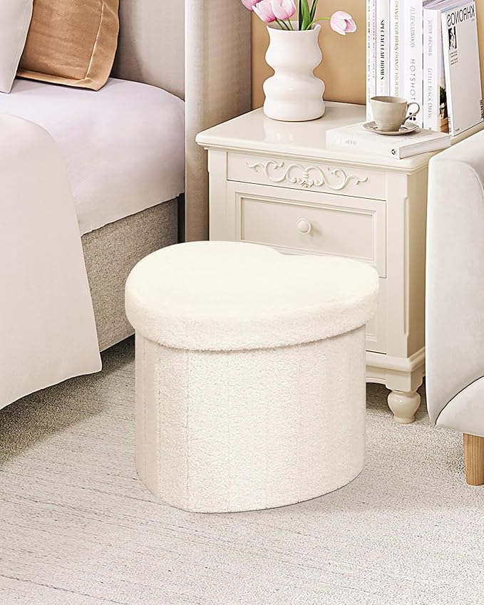 B FSOBEIIALEO Storage Ottoman Cube, Heart Shaped Ottomans with Storage Foot Stool Footrest for Lving Room, Boucle Ottoman Seat for Dorm Room,Faux Teddy Fur, Cream White 15"x15"x15"