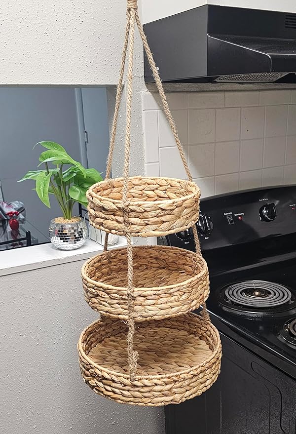 Generic HANFRUBASK - Hanging Fruit Basket Set of 3, Woven Water Hyacinth, Round, Beige, Rustic, Kitchen Storage & Organization