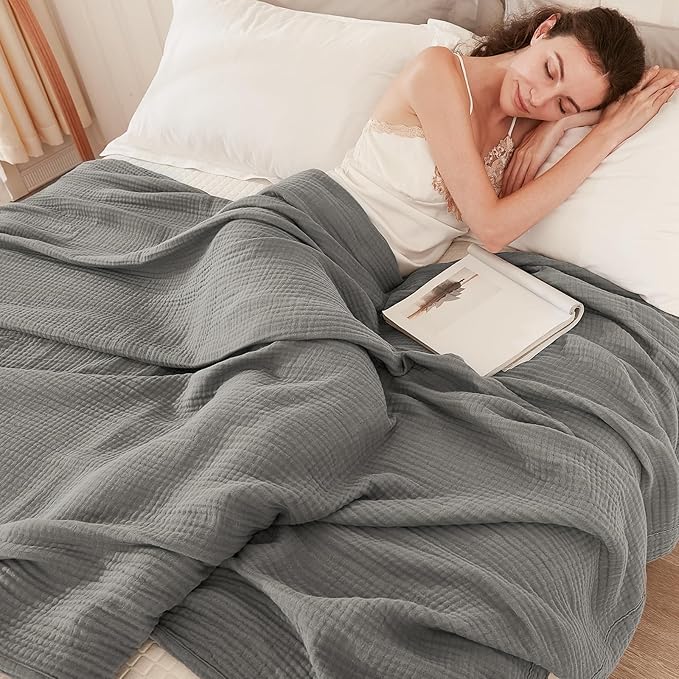 EMME Cotton Blanket Queen Size for Bed Soft Large Muslin Bed Blankets 90"*90" Lightweight Breathable Grey Blanket All Season Gauze Blanket, Grey
