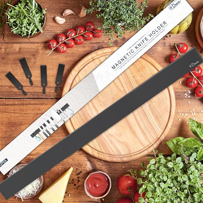 Dmore magnetic knife holder for wall—with 4 hooks, No Drilling 23 Inch black knife magnetic strip, Powerful knife magnet rack, include Adhesive Tape and screws for Knives, Utensils, and Tools