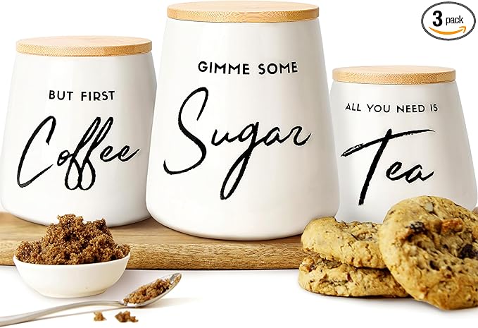 Coffee Tea and Sugar Ceramic Canister Set - 3-Piece Airtight Kitchen Canisters for Countertop - Coffee Bar Container Set