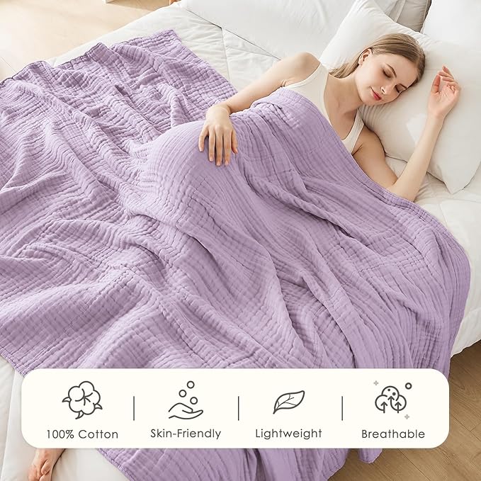 EMME Cotton Blanket Twin XL for Bed Soft Muslin Blankets 66"x90" Lightweight Breathable Layering Bedspread Coverlet All Season Gauze, Lavender