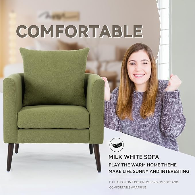 Barrel Accent Chair with Back Pillow, Large Upholstered Armchair with Solid Wood Legs Modern Reading Chairs for Living Room Bedroom