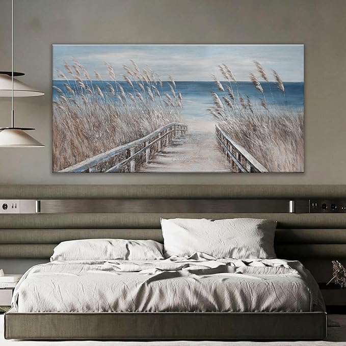Canvas Wall Art Decor Large Modern Wall Art Decorations Blue Beach Coastal Artwork for Walls Textured Wall Art Prints Pictures Wall Decor Wall Art Bedroom 29"X58" For Room Living Room Office Wall Decor