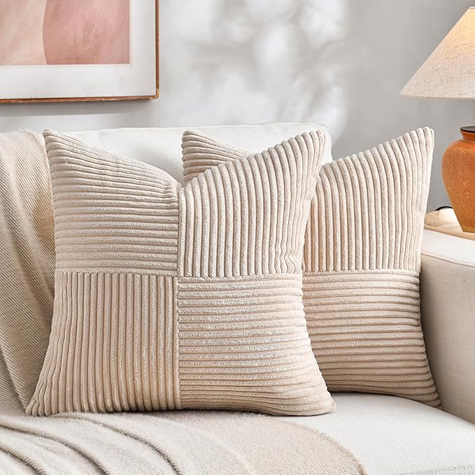 Fancy Homi 2 Packs Tan Euro Decorative Throw Pillow Covers 26x26 Inch for Living Room Couch Bed, Farmhouse Boho Home Decor, Soft Corss Corduroy Patchwork Textured Square Beige Cushion Case 66x66 cm