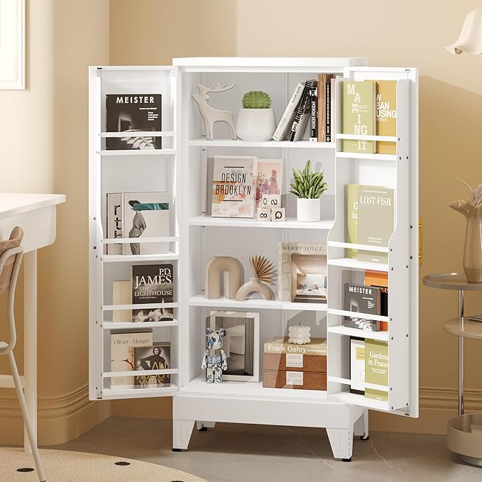 51" Metal Kitchen Pantry Cabinet, Storage Cabinets with 2 Door and 3 Adjustable Shelves, White Freestanding Food Storage Cabinet, Steel Cupboard for Kitchen Dinning Room