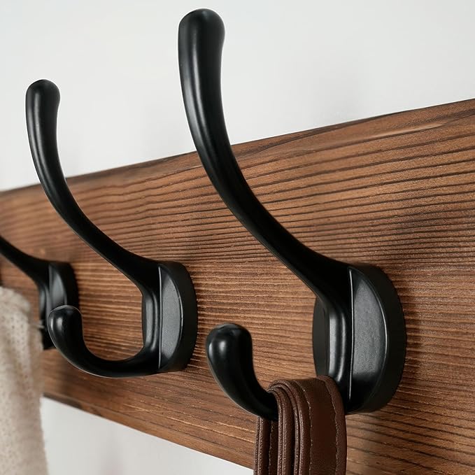 Dseap Wall Mounted Coat Rack: Patented, Heavy-Duty, 17.4" Long 5-Double-Hooks Wooden Hanger Rail for Winter Coats, Hat, Jacket, Clothing - Natural & Black, Pack of 2