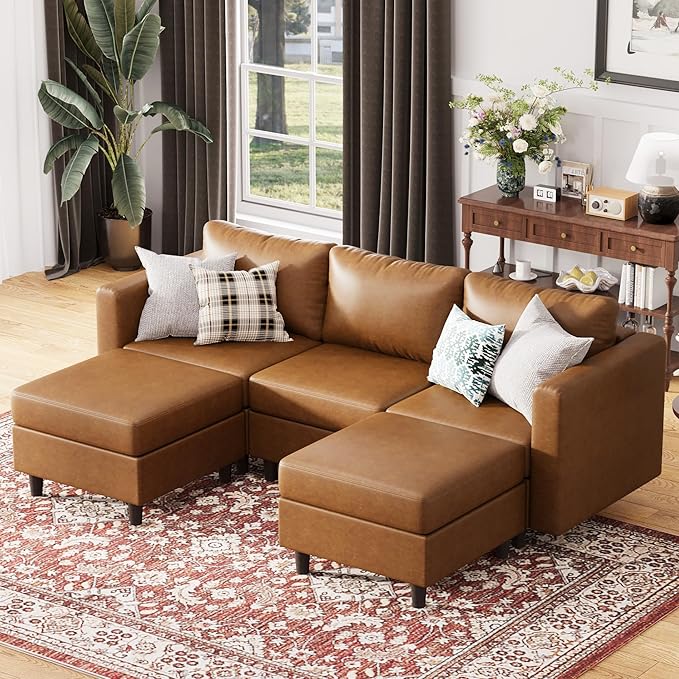 91.5" Faux Leather U Shaped Modular Sectional Sofa, 5 Seater Couch with Movable Ottoman Deep Seat and Storage Seat with Removable Cover for Living Room, Apartment - Brown