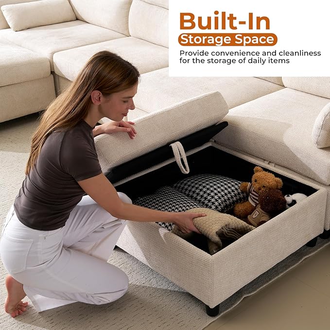 132'' Oversized Modular Sectional Sofa, U Shaped Comfy Sectional Couch with Large Storage, 6 Seat Chenille Deep Seat Cloud Sofa with 2 Throw Pillows for Living Room,Beige