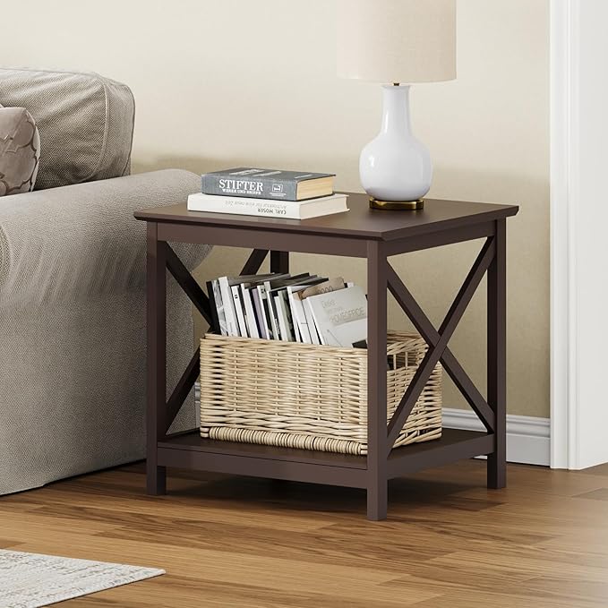 ChooChoo End Table, 24 Inch End Table with 2-Tier Storage Shelf, Side Table for Living Room, Wood Nightstand for Bedroom, Office, Painted Surface, Espresso