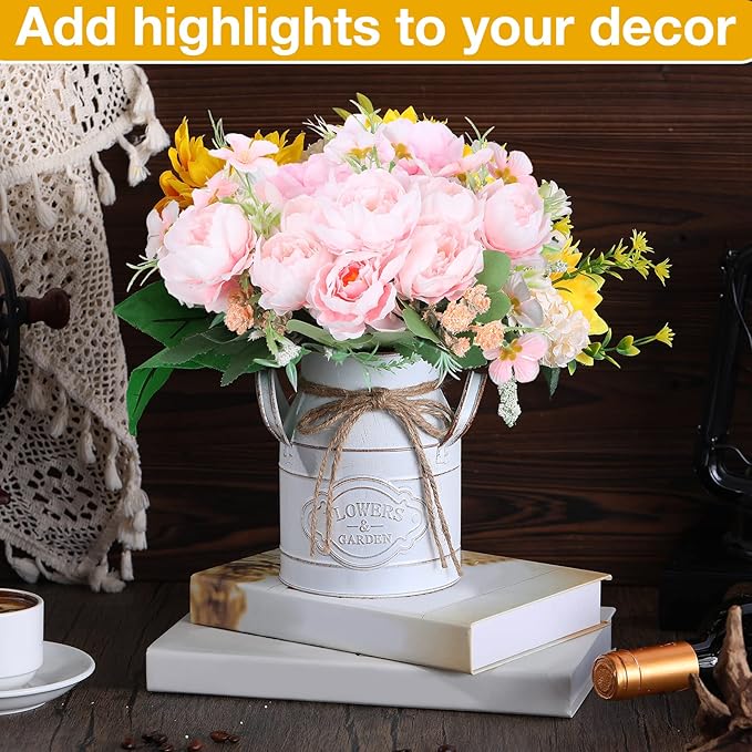 6 Inch Farmhouse Vase Decor Milk Can Vintage Flower Jug Galvanized Metal Vase with Handle Rustic Flower Buckets for Thanksgiving Christmas Table Centerpiece Weddings Gifts(Retro White,8 Pcs)