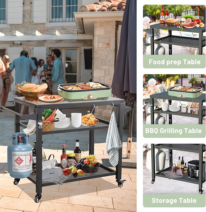 Domi 3-Shelf Outdoor Grill Table, Grill Cart Outdoor with Wheels, Pizza Oven and Food Prep Table, Blackstone with Stainless Steel Tabletop, BBQ Stand for Blackstone Griddle for Outside BBQ