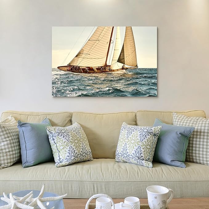 ARTISTIC PATH Coastal Nautical Canvas Wall Art - Ocean Sailboat Artwork Seascape Sailing Prints Wave Boat Picture Sunset Marine Painting for Living Room