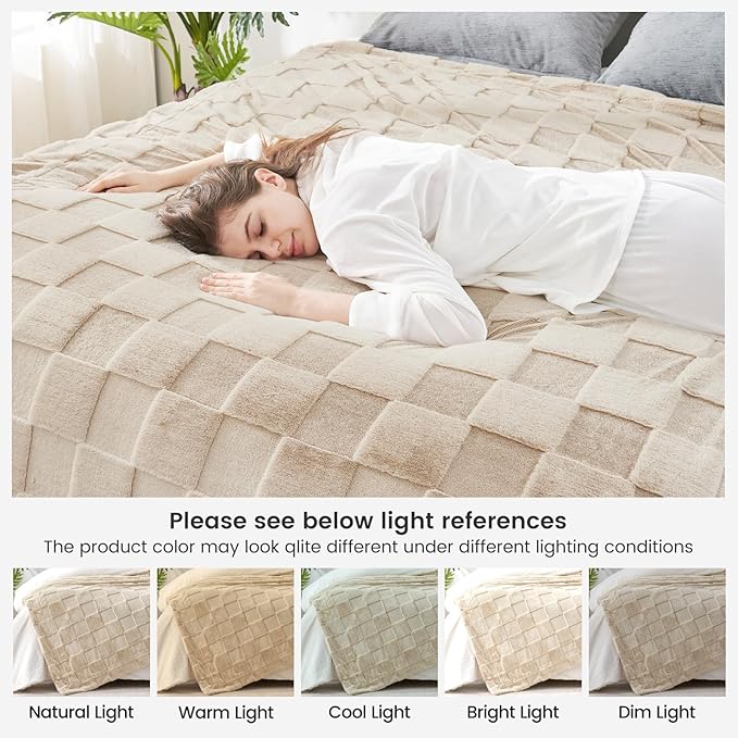 Cozy Bliss Checkered White Faux Rabbit Fur Throw Blanket, Soft Fuzzy Fluffy Minky Cream Furry Blankets for Couch, Bed (Tan, Queen(90" x 90")