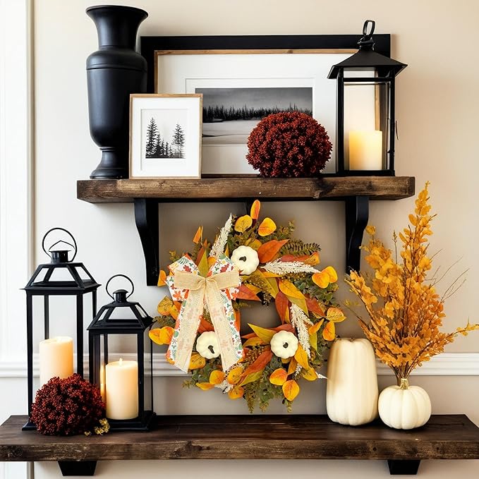 CYANBLOOM Fall Wreaths for Front Door: Rustic 20-22 Inch Bow Wreath with Golden Eucalyptus, White Pumpkins & Wheat - Lovely Warm Vibes Outdoor Indoor Farmhouse Decor for Halloween Thanksgiving Autumn