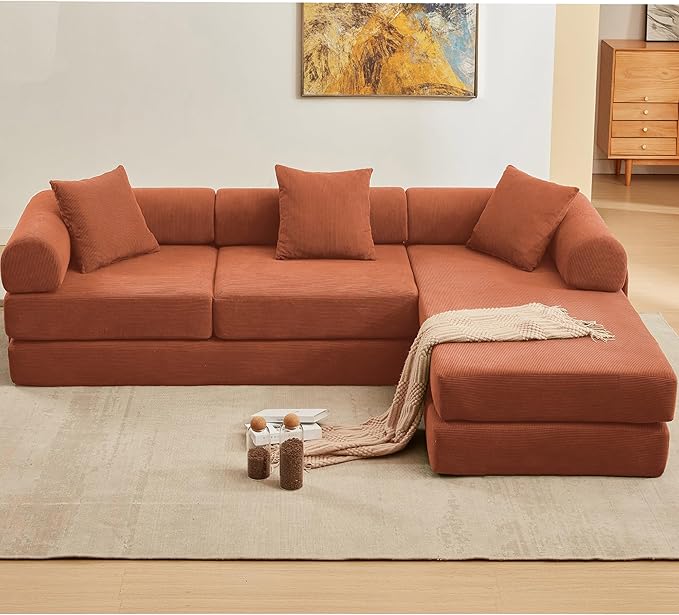 107" Oversized Convertible Sleeper Sofa Bed, Corduroy L Shape Sectional Couch, Folding Sofa Bed with Side Pocket, Modern Cloud Floor Mattress Couch, Modular Sofa for Living Room, Orange