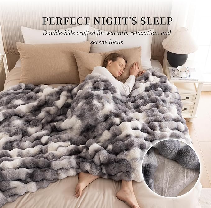 Cozy Faux Fur Throw Blanket for Couch-Warm Fuzzy Throw Blanket, Soft Plush Thick Bubble Blankets for Bedroom and Living Room, Furry Luxury Blanket, 50 x 60,Tie-Dye Grey