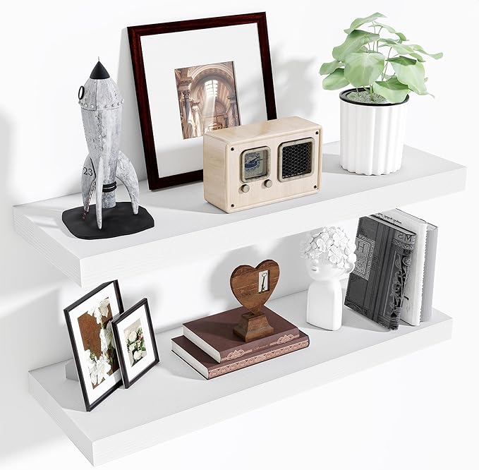 Fun Memories Floating Shelves for Wall, 32 Inch Long Floating Shelves Set of 2, 32 x 10 Wooden Shelves for Wall, Large Storage Shelves, Hanging Shelves for Bathroom Kitchen Bedroom, White