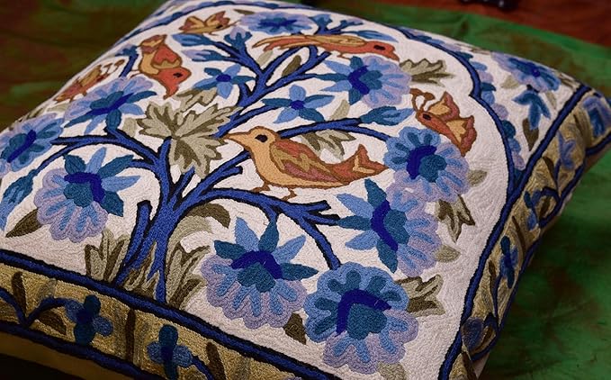 Blue Tree of Life Pillow Cover Blues Birds Floral Decorative Pillowcase Flower Outdoor Suzani Cushion Needlepoint Hand Embroidered Wool Size - 18x18