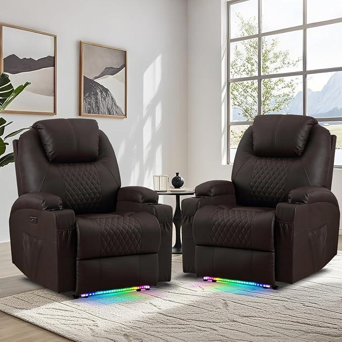 AHMED Power Recliner Chair with Vibration Massage & Heat for Adults, Faux Leather Home Theater Seating with Cup Holders/LED Lights/USB Ports/Side Pockets for Living Room, Brown