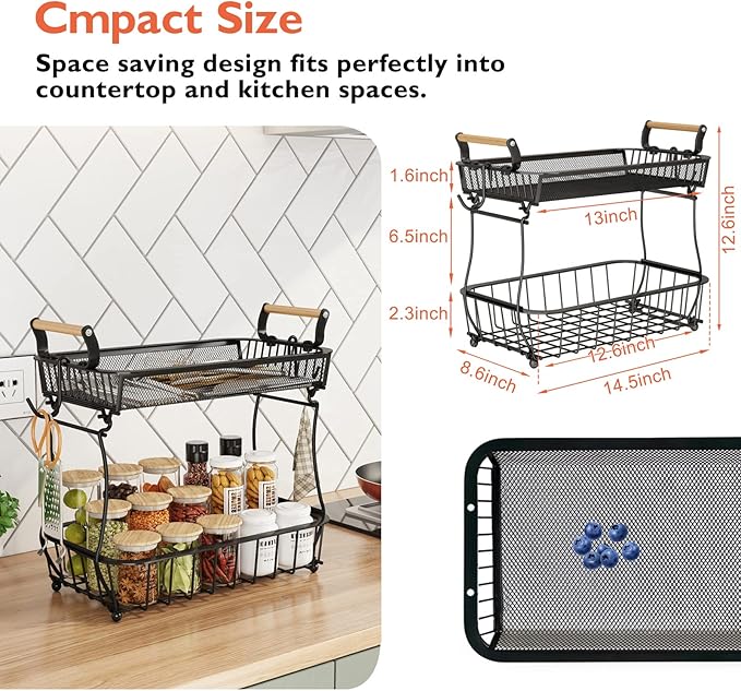 ANTOPY 2 Tier Fruit Basket with 2 Banana Hangers, Countertop Fruit Vegetable Basket Bowl for Kitchen Counter Metal Mesh Basket Fruits Stand Produce Holder Organizer for Onion Potato Bread Snack Veggie