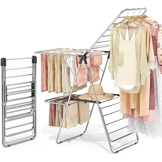 APEXCHASER Clothes Drying Rack with 4 Wings, Drying Rack Clothing with Height-Adjustable, Foldable Gullwings Laundry Drying Rack, Indoor Outdoor Use, No Assembly, Black