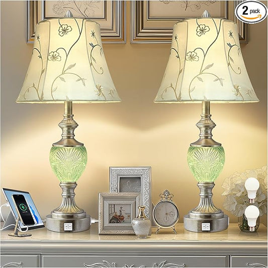 Bedside Table Lamp Set of 2 with Nightlight and USB A+C Ports, 27'' High Vintage Table Lamps with Silver Leaf Finish and Embroidered Shade, Nightstand Lamps Decor for Bedroom Living Room Home Office