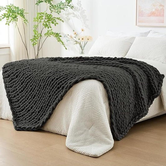 Bigacogo Chunky Knit Throw Blanket for Couch, 40x80 inches, 100% Hand Knitted with Thick Jumbo Chenille Yarn, Cozy Soft Large Rope Knot Cable Crochet Blankets for Sofa Bed Living Room, Dark Grey