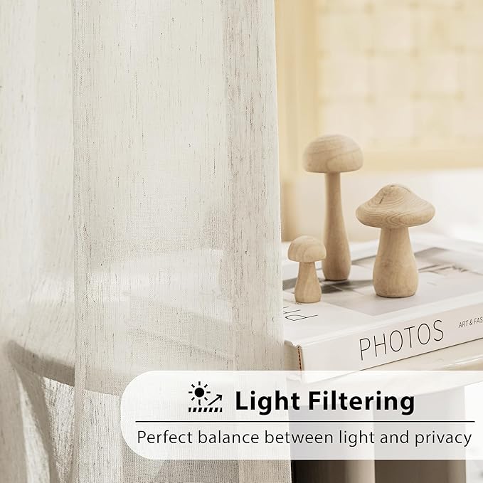 FMFUNCTEX Linen Sheer Curtains for Living Room, Beige Curtains 108 inches Long for Bedroom, Natural Flax Blend Window Draperies for Farmhouse Curtain, Rod Pocket 2 Panels
