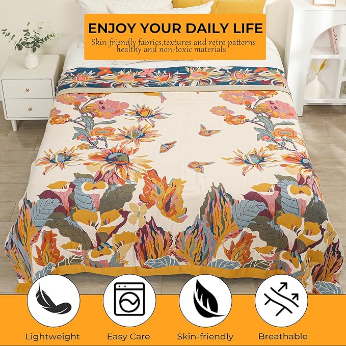 Boho Large Throw Blanket for Bed Couch 60" x 80 "100% Cotton Gauze Fall Blankets Home Decor Soft Lightweight for Sofa Quilt with Floral Butterfly