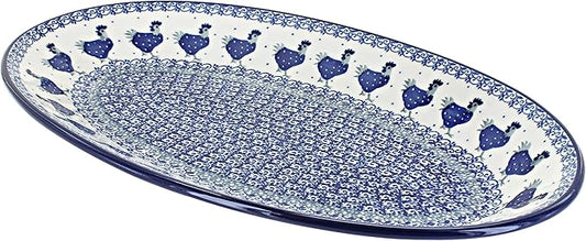 Blue Rose Polish Pottery Barnyard Rooster Oval Platter