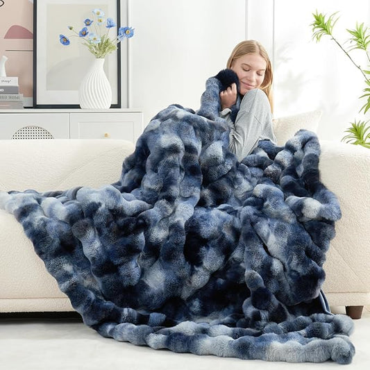Cozy Bliss Faux Fur Throw Blanket for Couch, Fuzzy Soft Plush Thick Bubble Blanket for Sofa Bedroom Living Room, 50 * 60 Inches Tie-dye Blue
