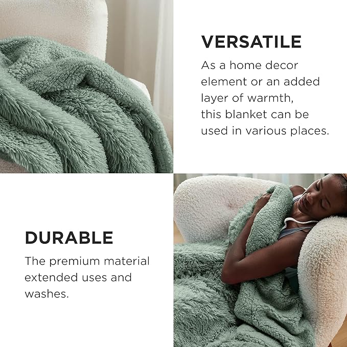 Bedsure GentleSoft Fluffy Sage Green Blankets Queen Size for Bed, Thick Sherpa Faux Fur Fleece Fuzzy Plush Winter Warm Soft Queen Blankets, Bedroom Decor Sage Green Cozy Gifts for Women Men, 90x90